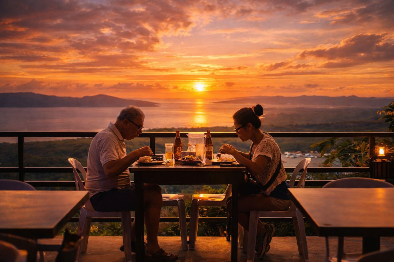 A couple dining at sunset at Laaganan Skybar in Basilisa, Dinagat Islands, with the sea and islands glowing orange behind them.